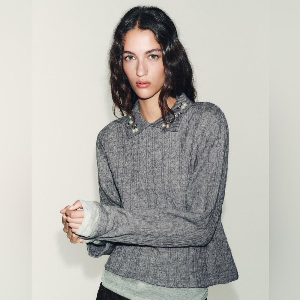 ZARA JEWELโCOLLAR CABLE-KNIT SWEATER